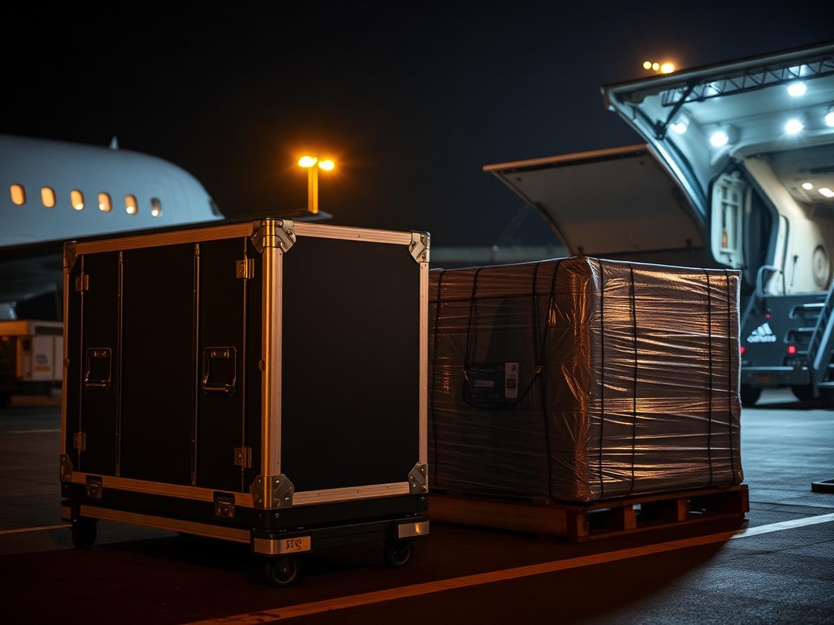 Sealed export cargo prepared for international air freight at night